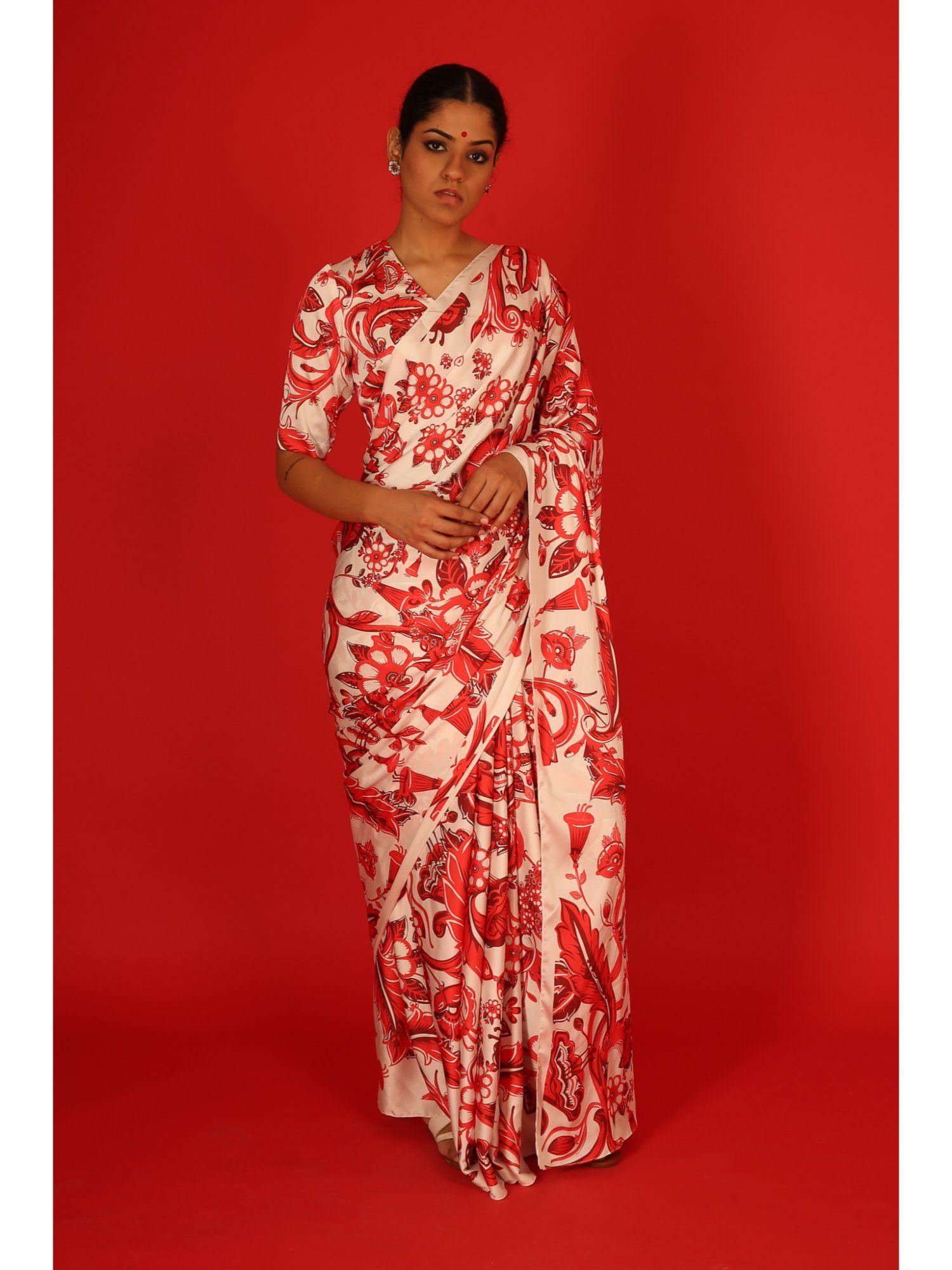 red & ivory printed saree with unstitched blouse