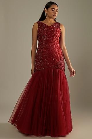 red & maroon ombre embellished gown