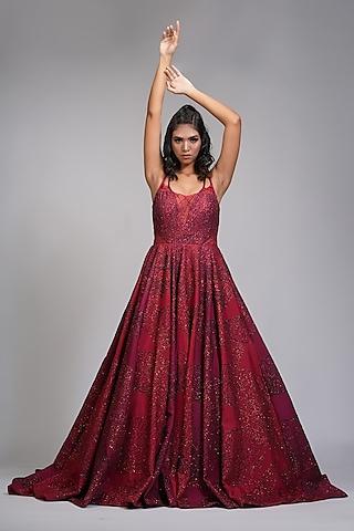 red & maroon raw silk embellished gown