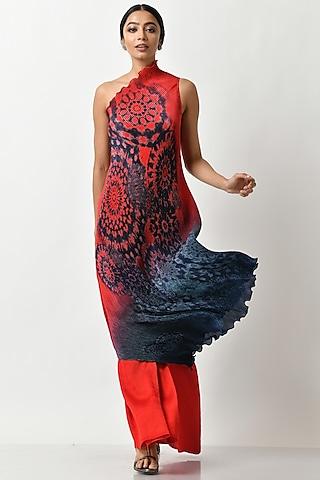 red & navy batik printed one-shoulder tunic