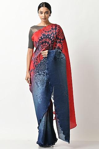 red & navy pleated polyester mix batik printed pleated saree set