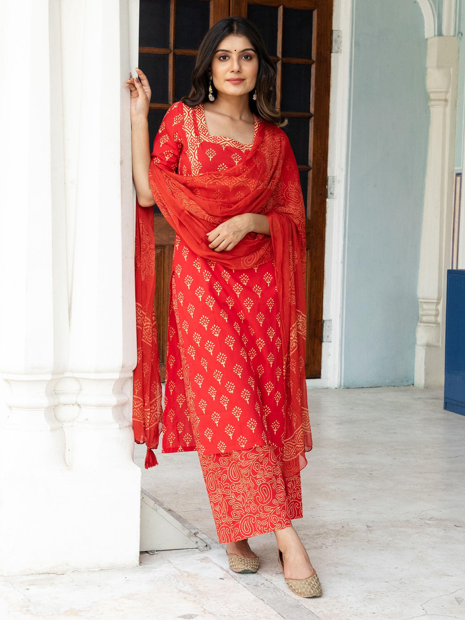 red & off-white block butti print cotton kurta with palazzo & dupatta (set of 3)