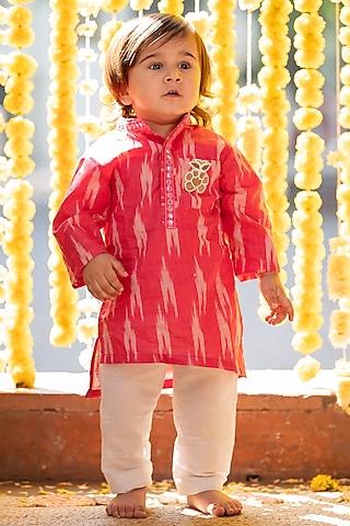 red & off-white pure cotton ikat printed kurta set for boys