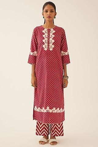 red & off-white silk chanderi printed kurta set