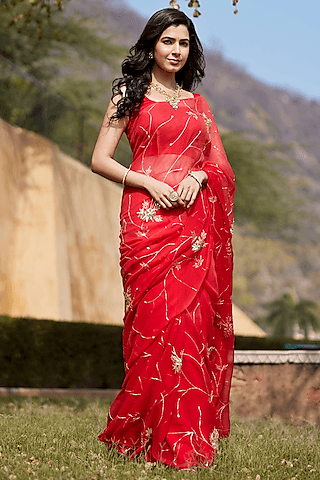 red & orange chiffon jaal & aari hand embroidered saree set