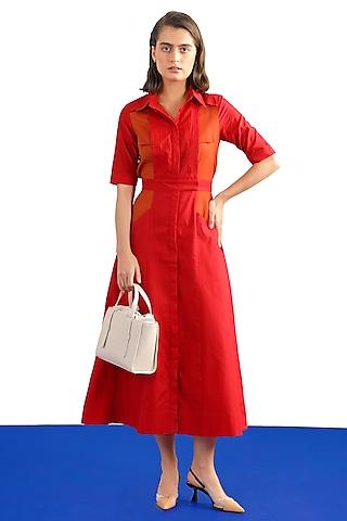 red & orange cotton poplin midi shirt dress