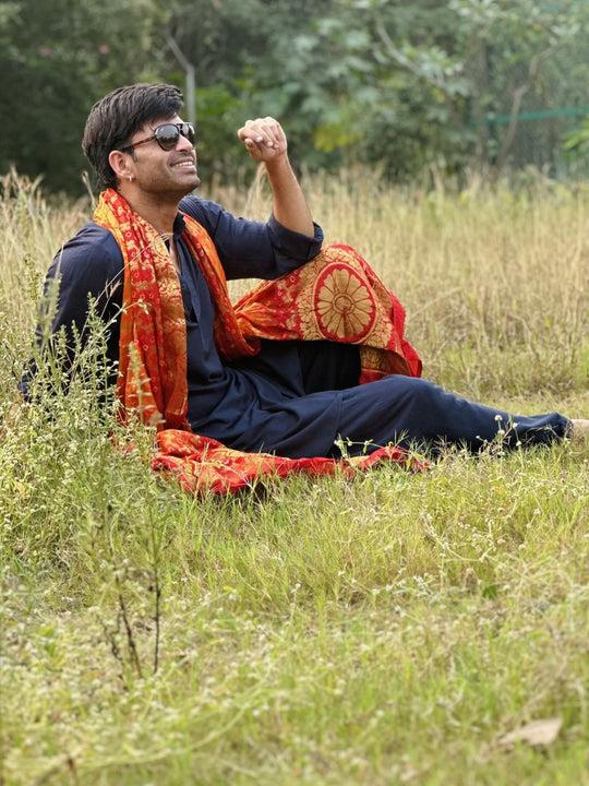 red & orange men's banarasi bandhani gharchola silk dupatta