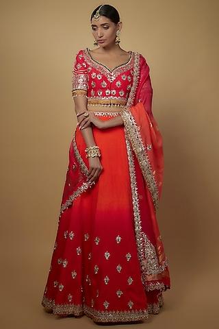 red & orange ombre dola silk embroidered lehenga set