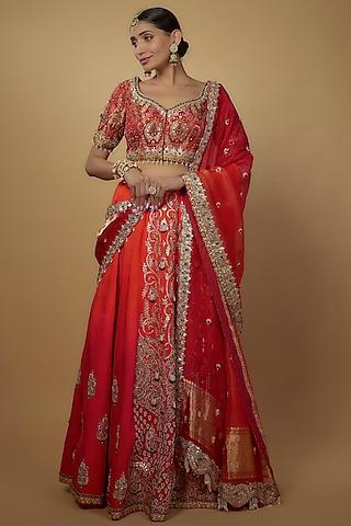 red & orange ombre kimkhab silk embellished lehenga set