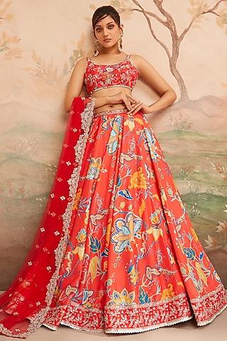 red & orange satin floral printed lehenga set