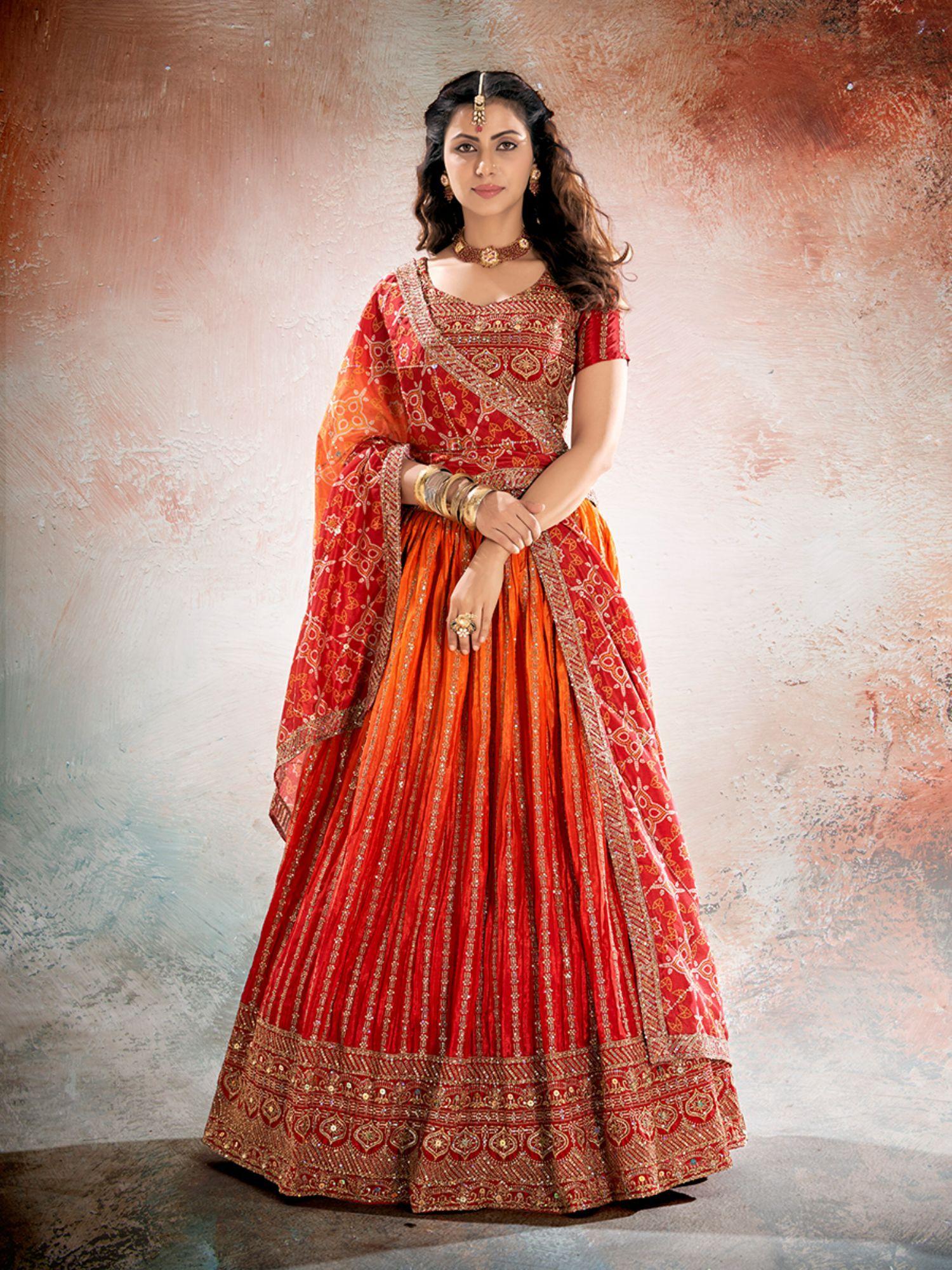 red & orange semi stitched lehenga and unstitched choli with dupatta (set of 3)