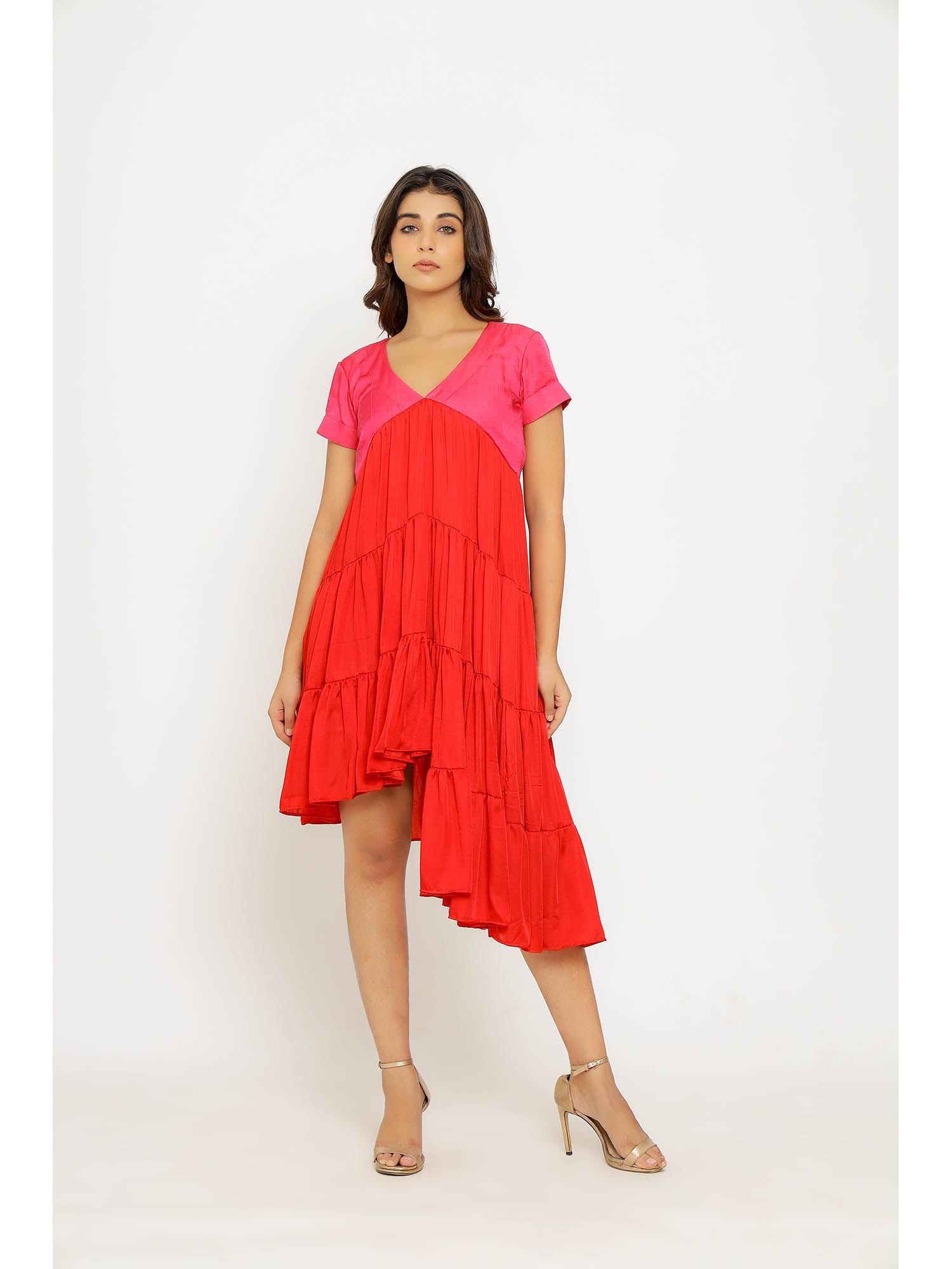 red & pink asymmetrical midi dress