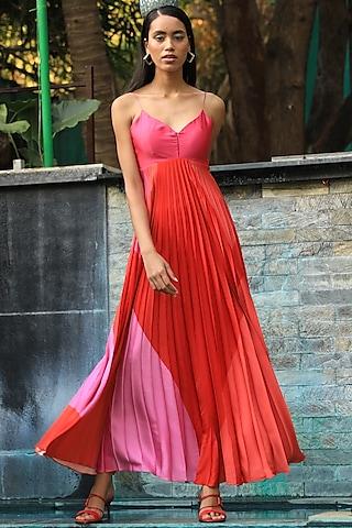 red & pink color blocked maxi dress with digital print