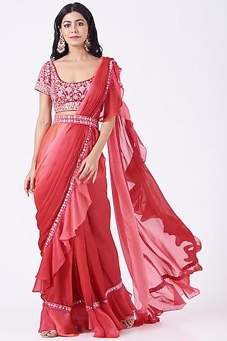 red & pink embroidered draped saree set