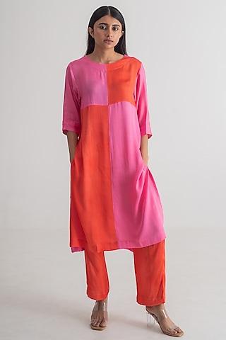 red & pink modal silk color blocked kurta set