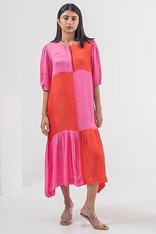 red & pink modal silk color blocked midi dress