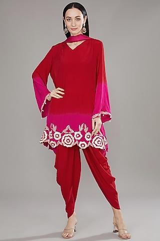 red & pink ombre natural crepe tie-dye & gota embroidered kurta set