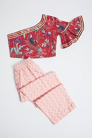 red & pink printed pant set for girls