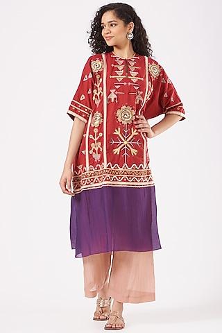 red & purple chanderi embroidered kurta set