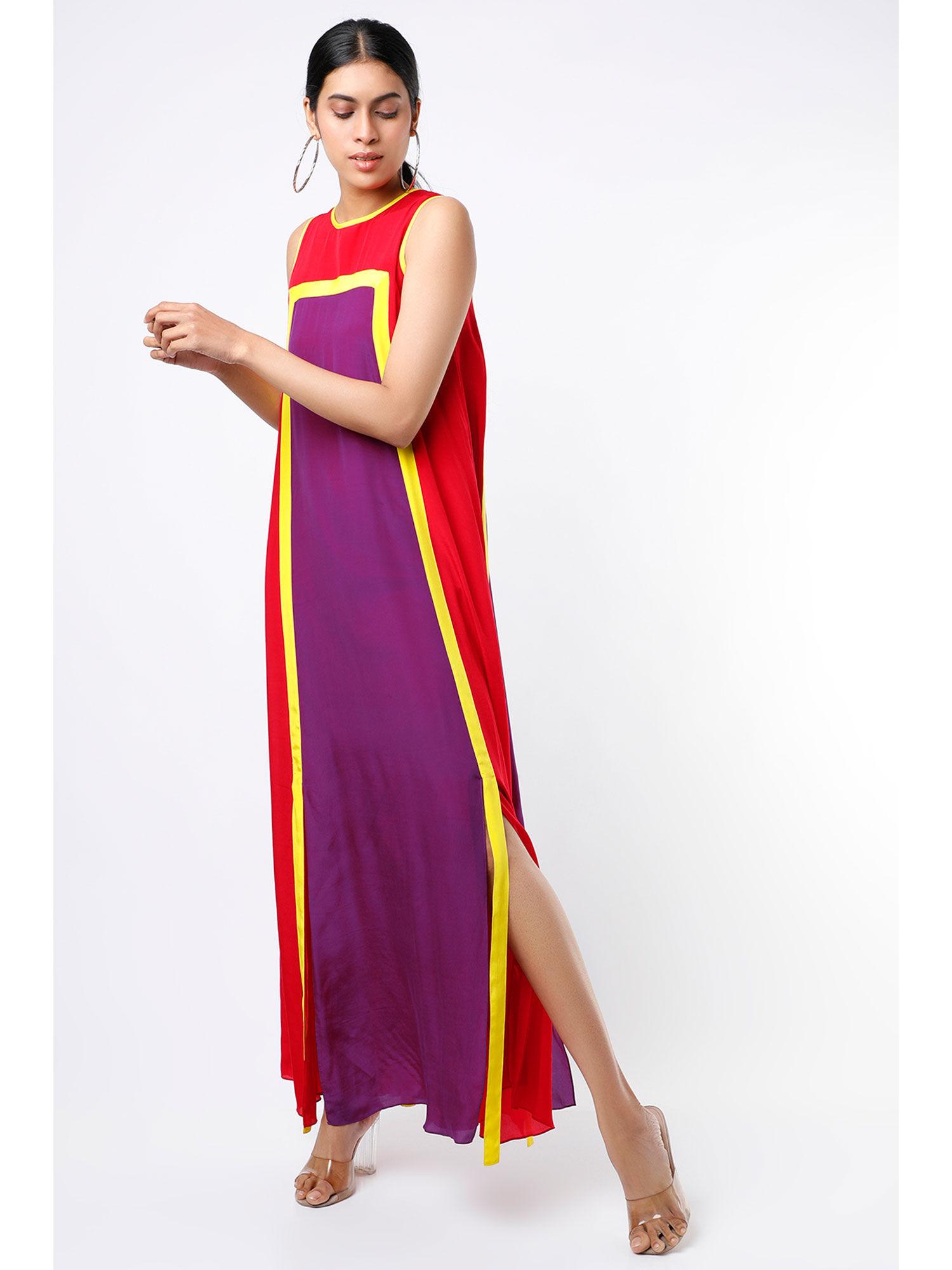 red & purple color blocked maxi dress