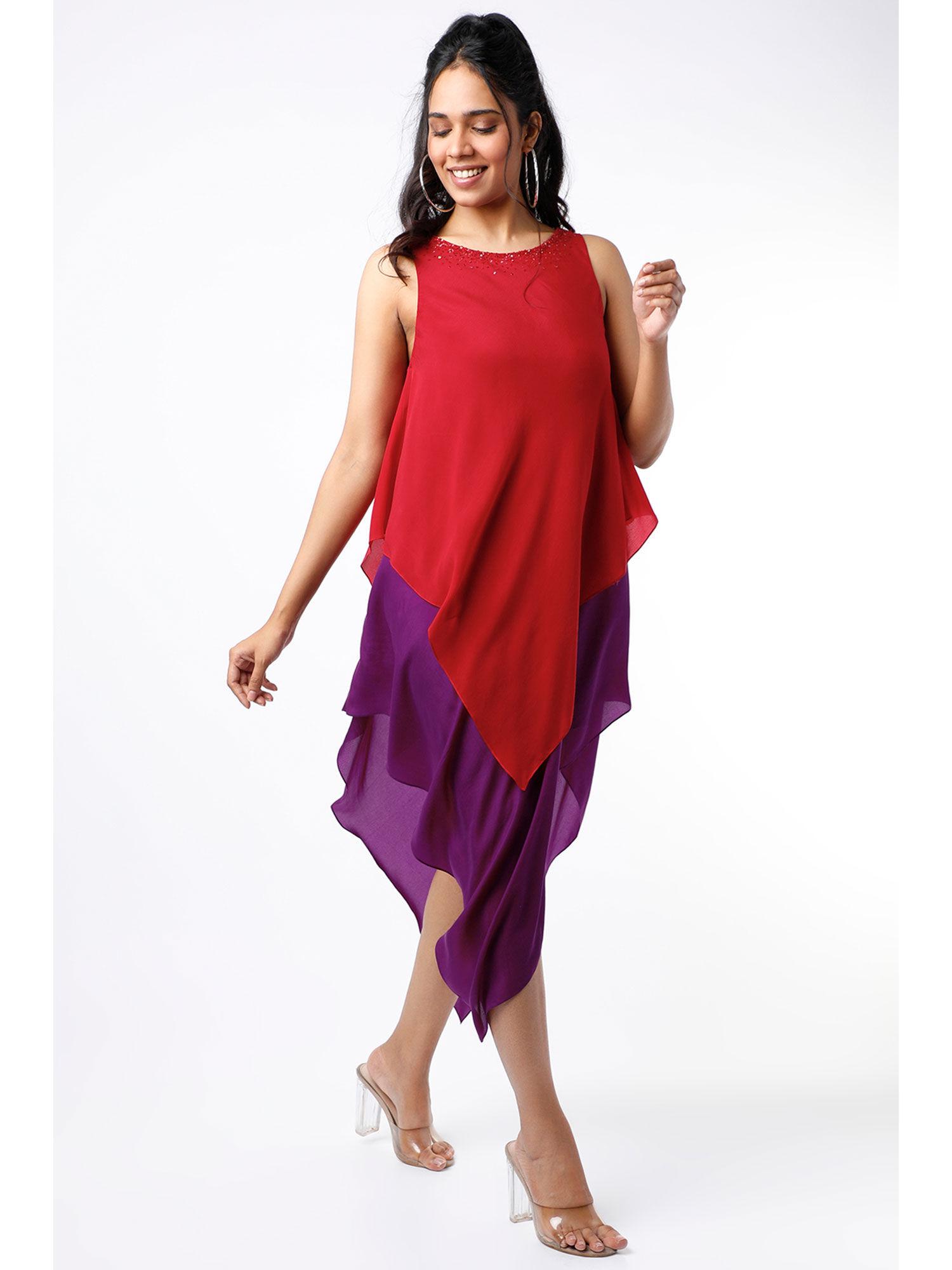red & purple embroidered layered dress