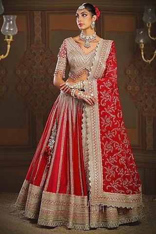 red & rani pink silk chanderi gota embroidered kalidar lehenga set