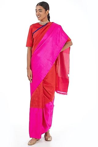 red & rani pink silk saree