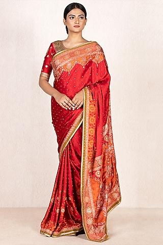 red & saffron embroidered saree set