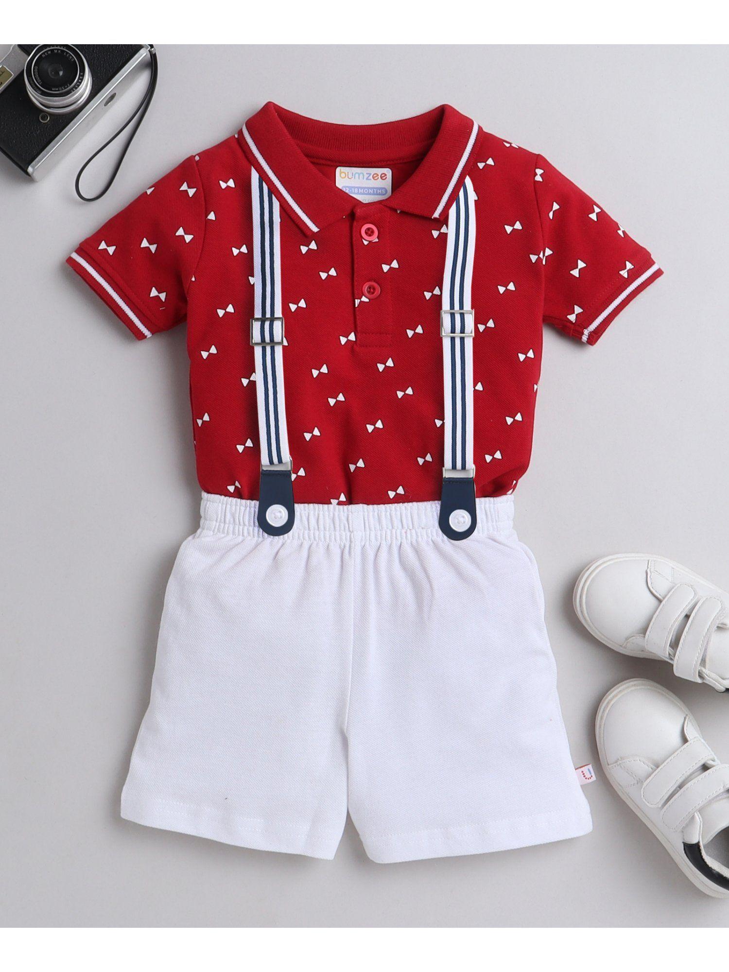 red & white boys half sleeves t-shirt & short with suspender (set of 3)
