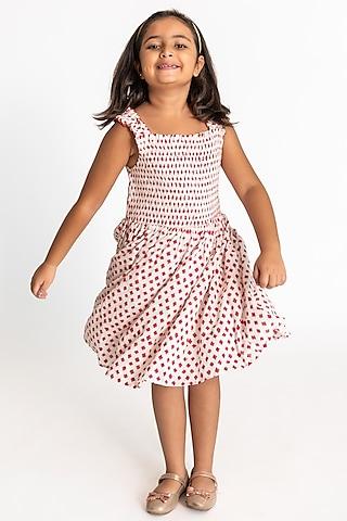 red & white cotton block printed smocked dress for girls