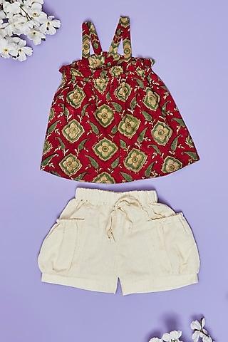 red & white cotton hand block printed co-ord set for girls