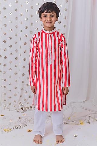 red & white cotton hand embroidered striped kurta set for boys