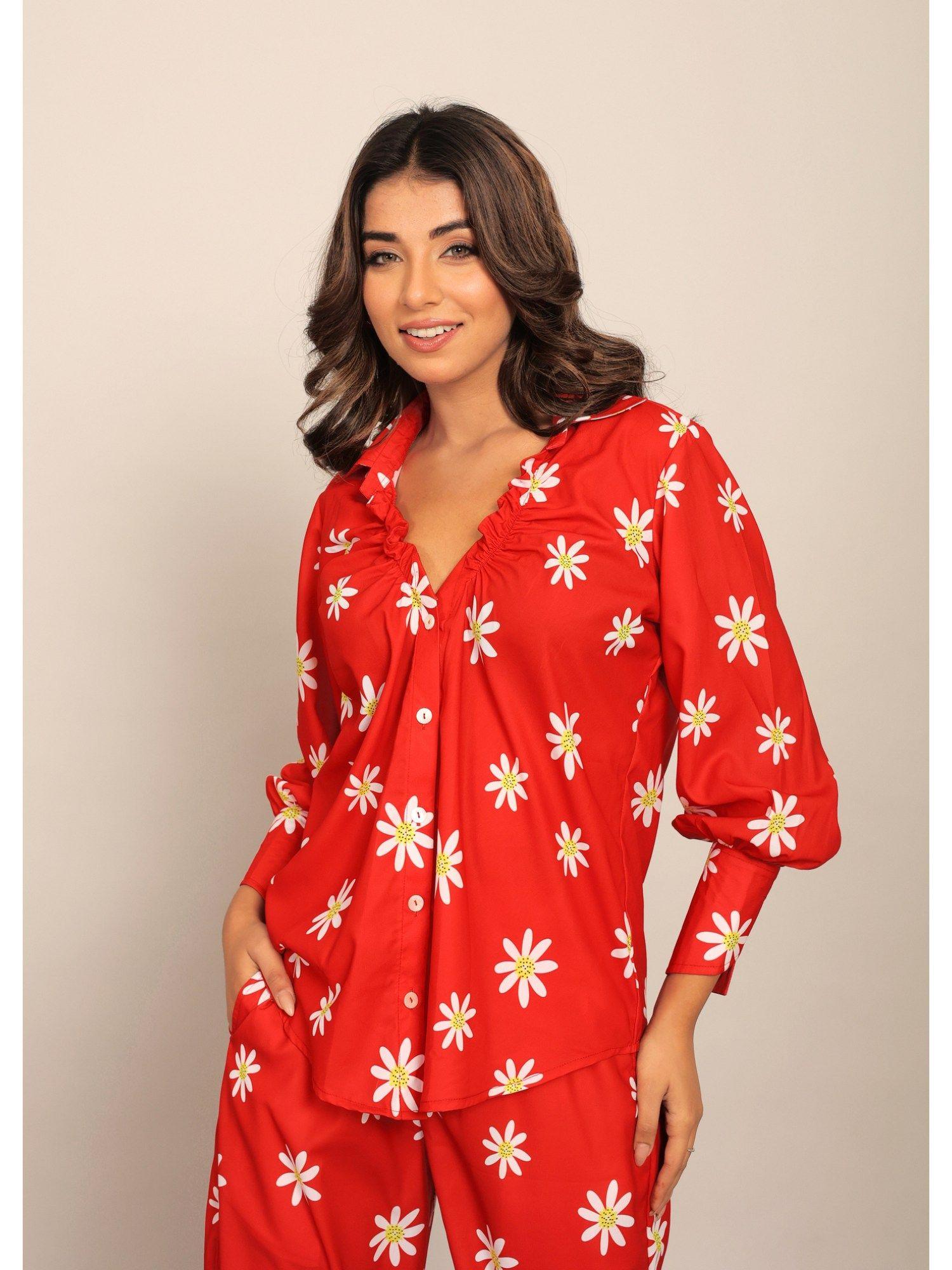 red & white floral printed relaxed shirt