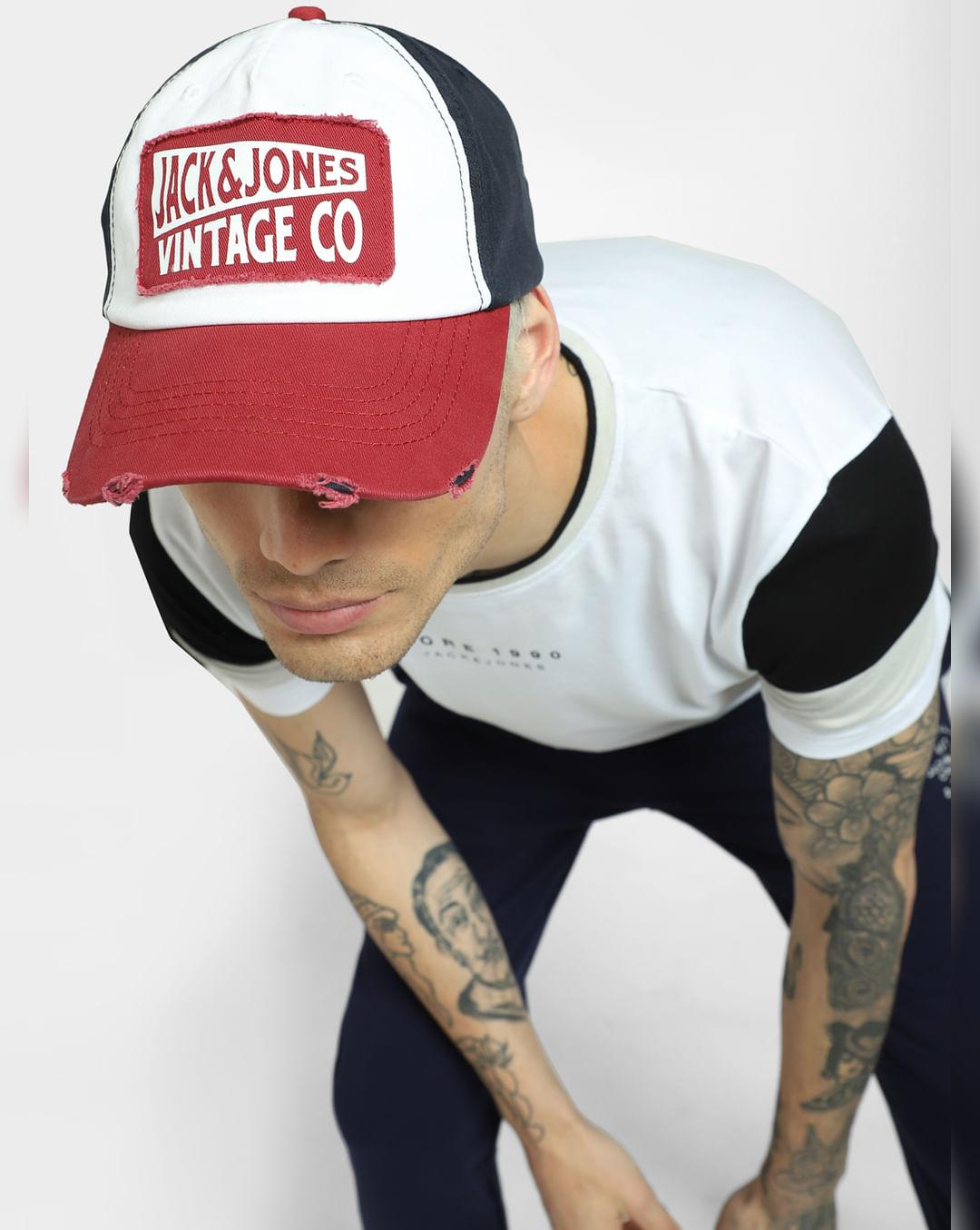 red & white logo printed cap