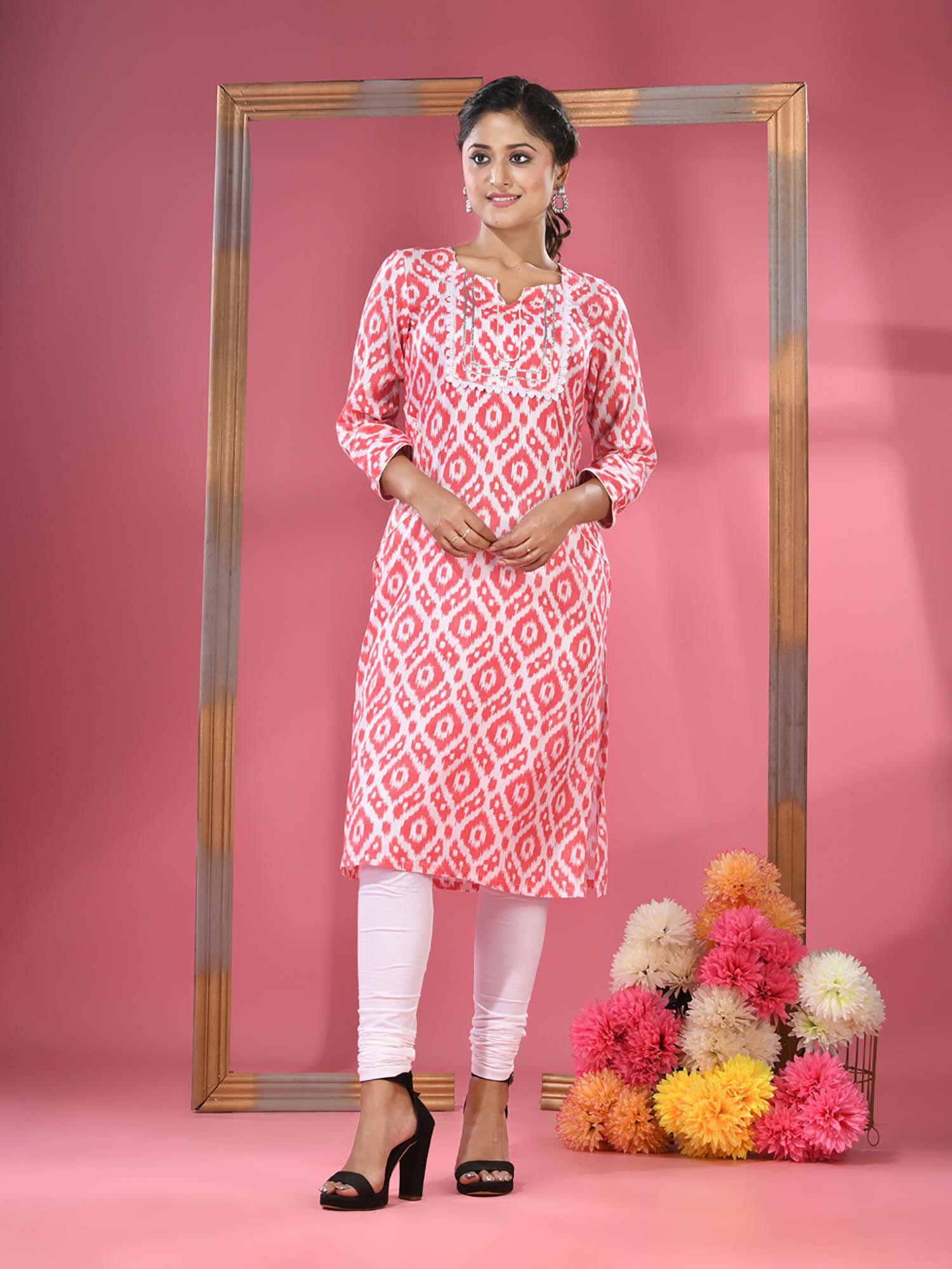 red & white printed cotton kurta