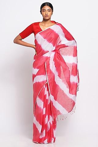 red & white pure linen tie-dye saree