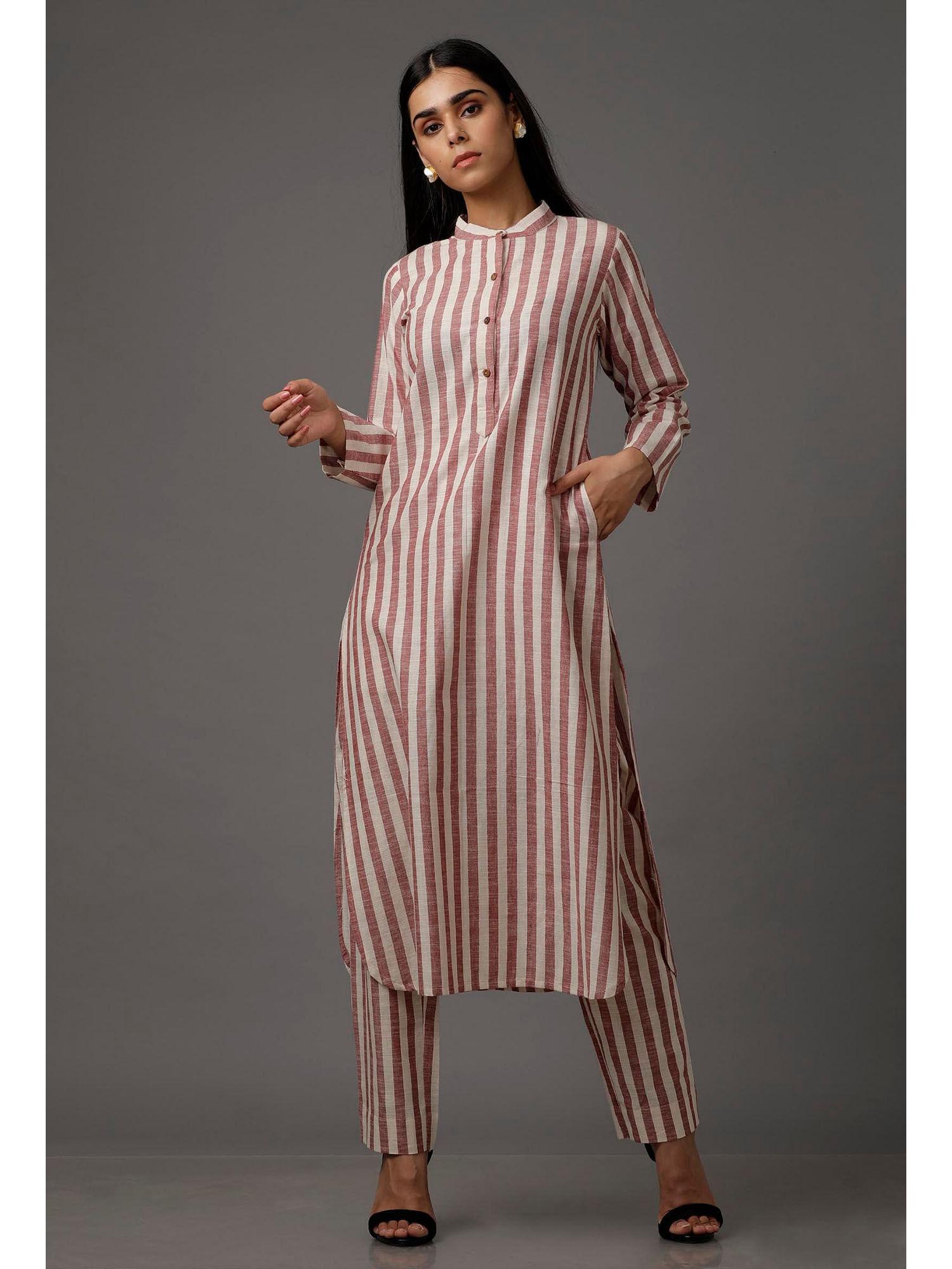 red & white stripes pure woven cotton kurta with complimentary mask (set of 2)