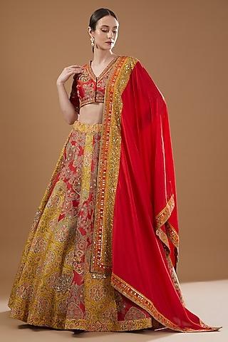 red & yellow chanderi printed lehenga set