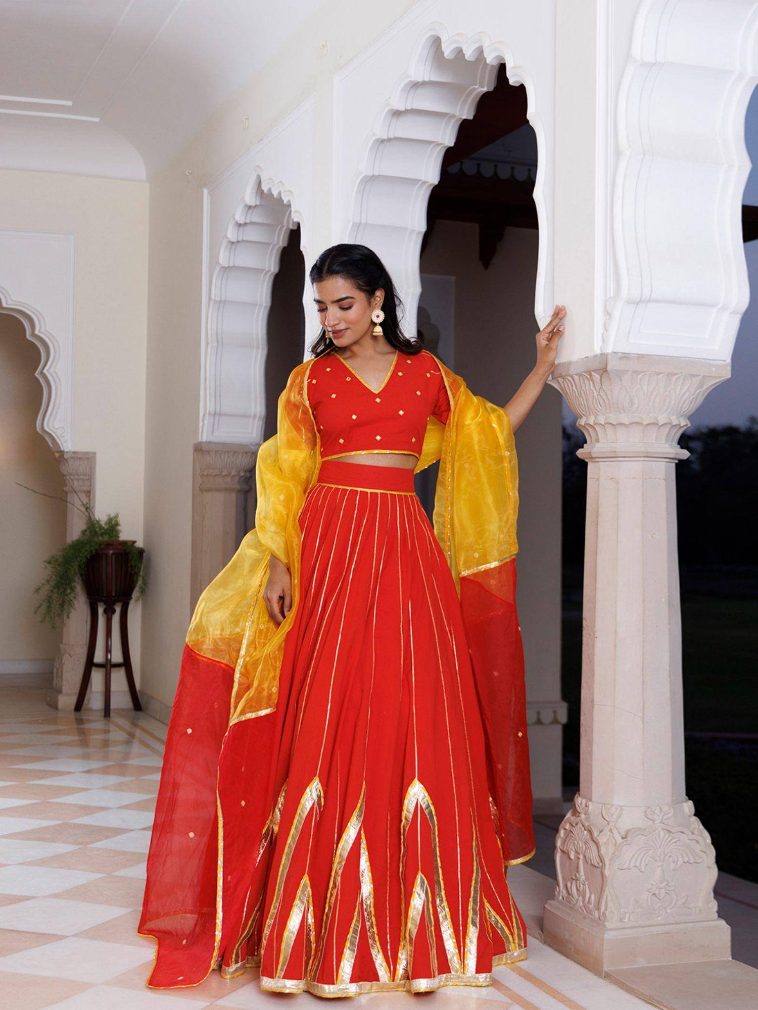 red & yellow cotton choli with lehenga & dupatta (set of 3)