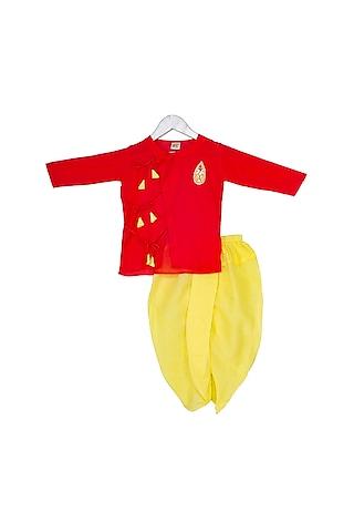 red & yellow embellished kurta set for boys
