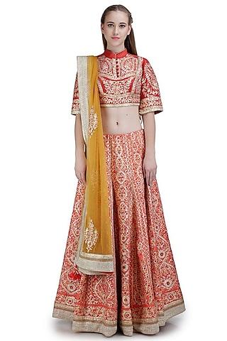 red & yellow floral embroidered lehenga set