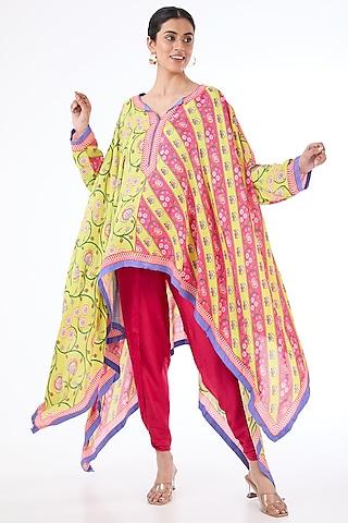 red & yellow habutai silk printed tunic set