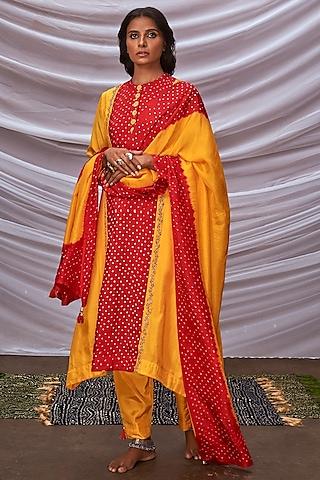 red & yellow silk kurta set