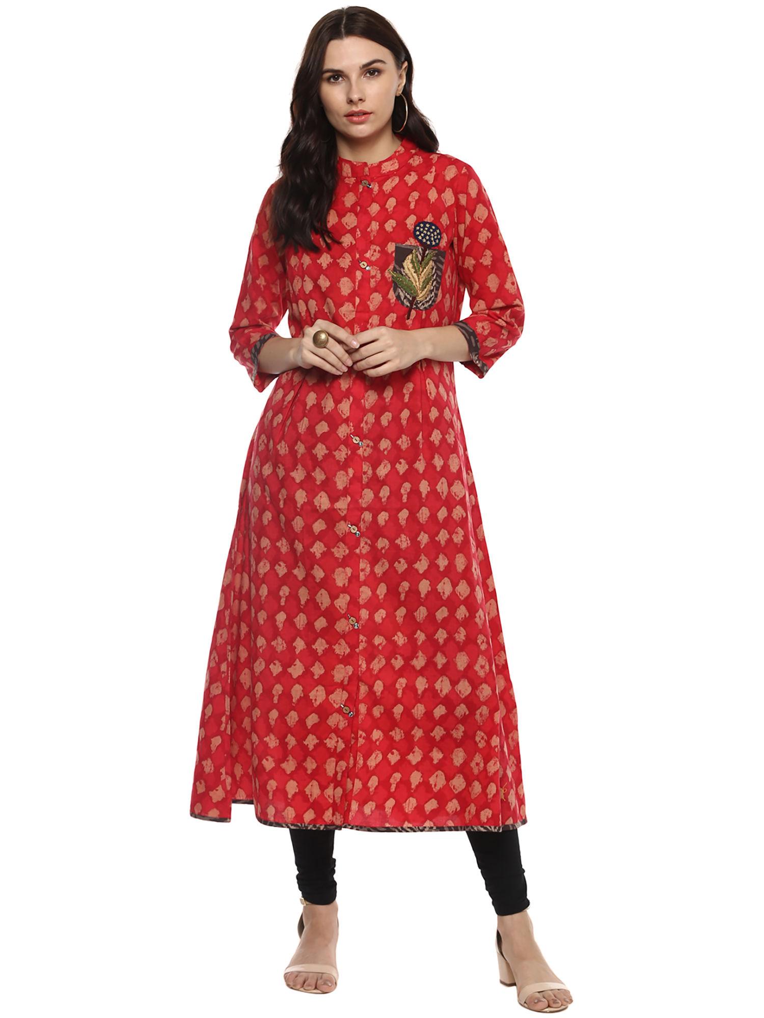 red a-line cotton long kurta