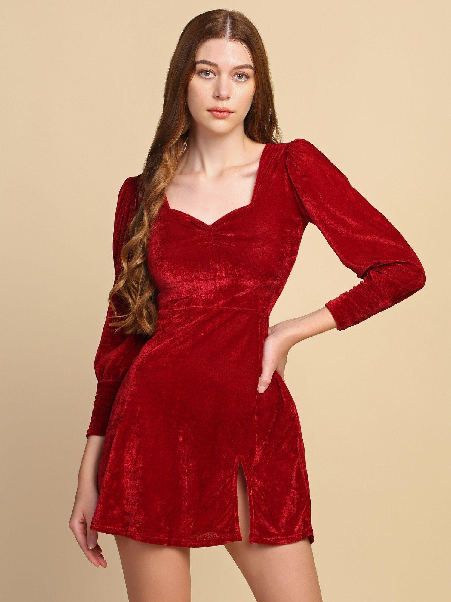 red a-line velvet dress