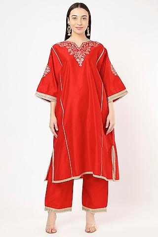 red aari embroidered kurta set