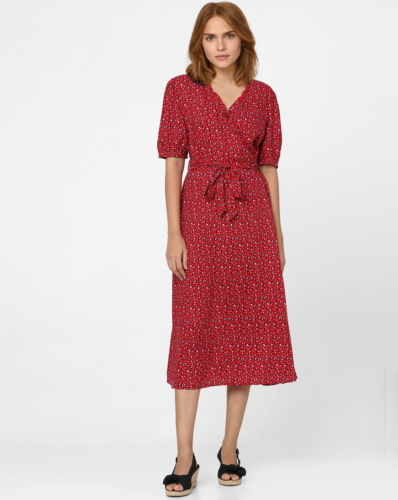 red abstract print midi dress