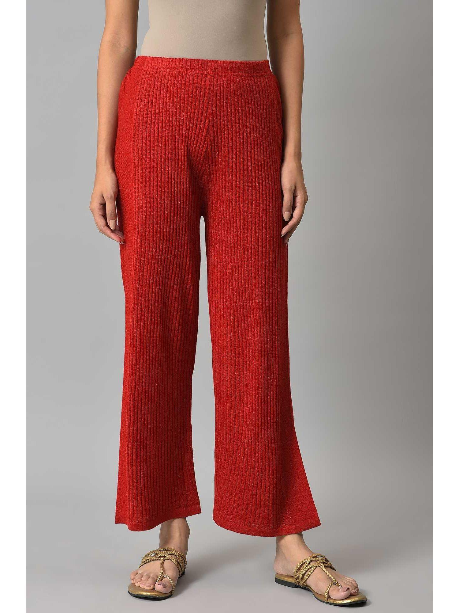 red acrylic knitted palazzo pants