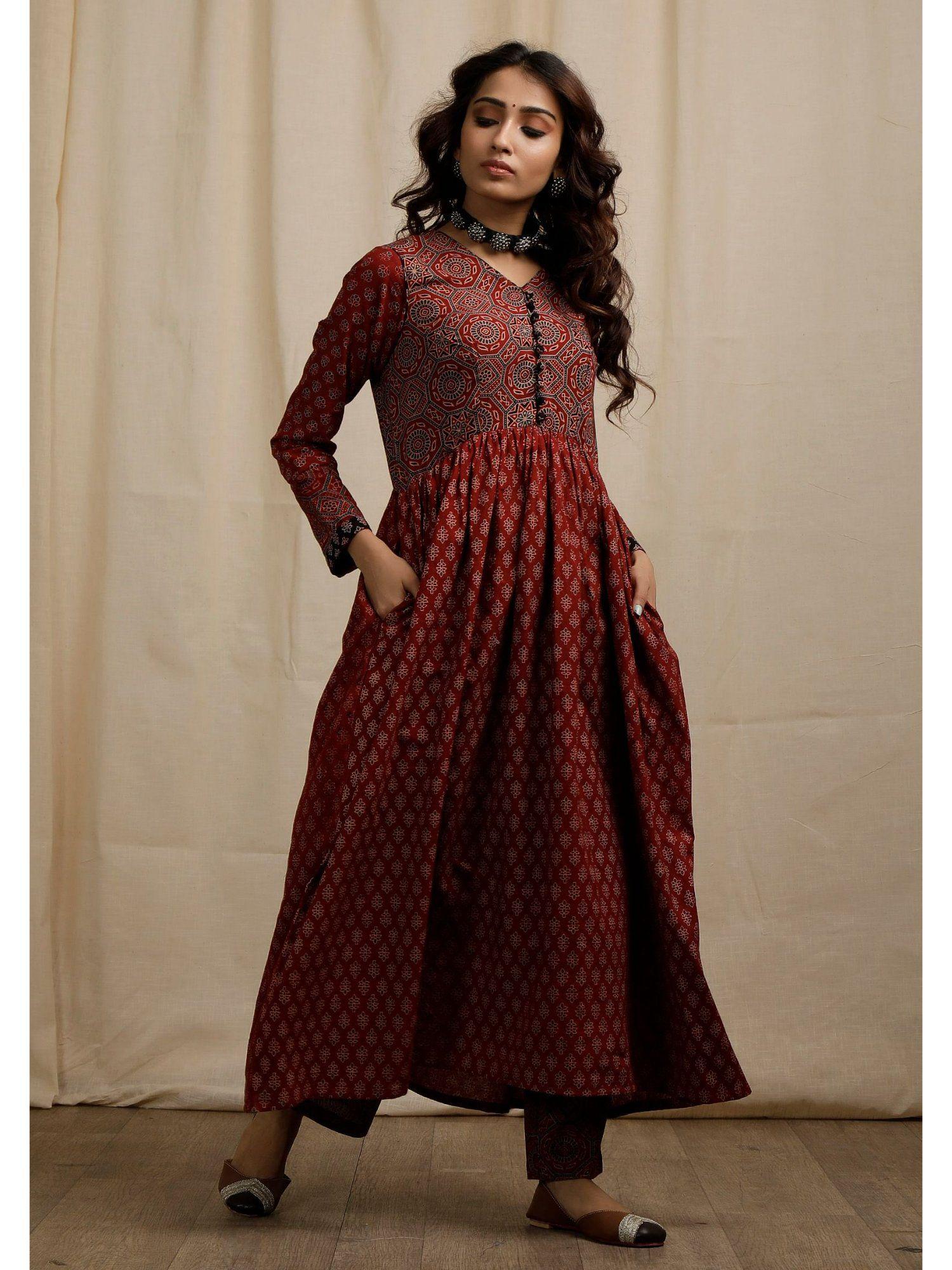 red ajrakh print flared and gathered kurta