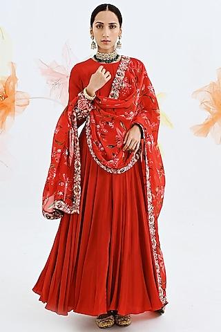 red anarkali set with work